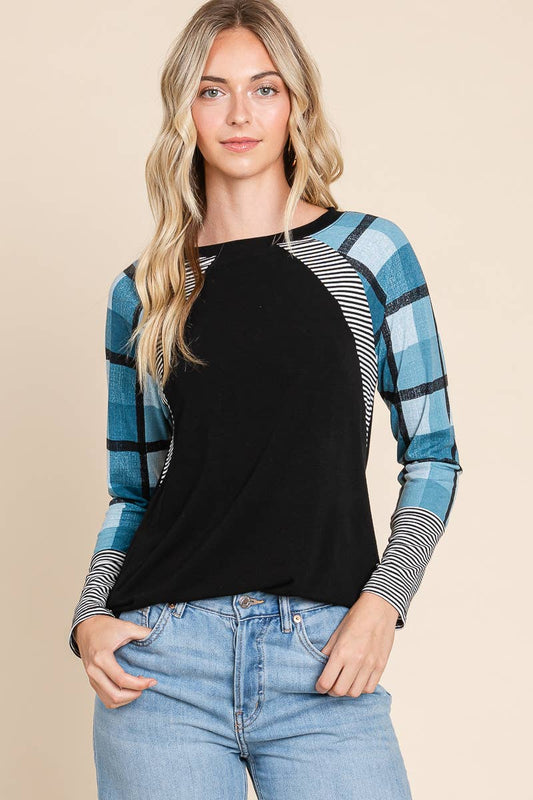 PLUS TEAL PLAID & STRIPE LONG SLEEVE