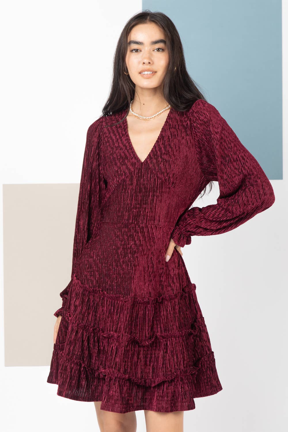 Deep V-neck Textured Velvet Mini Dress