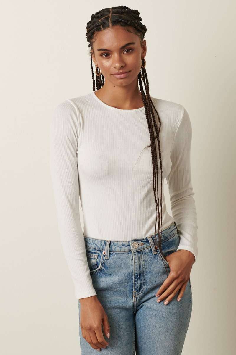 IVORY LONG SLEEVE RIB KNIT BODYSUIT