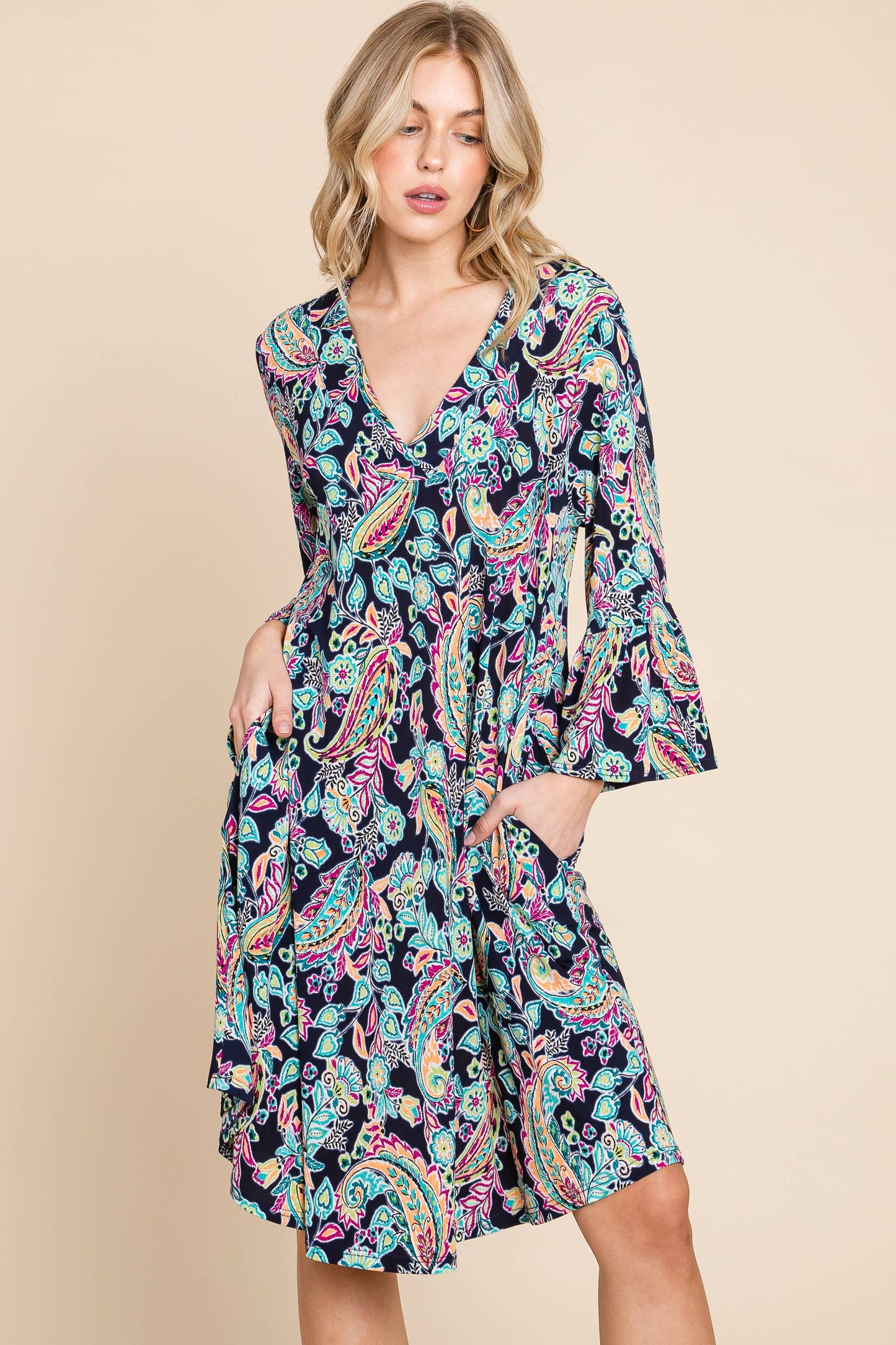 NAVY PAISLEY BELL SLEEVE DRESS