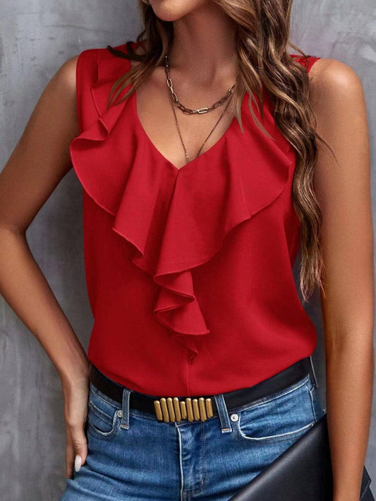 RED RUFFLE SLEEVELESS V NECK