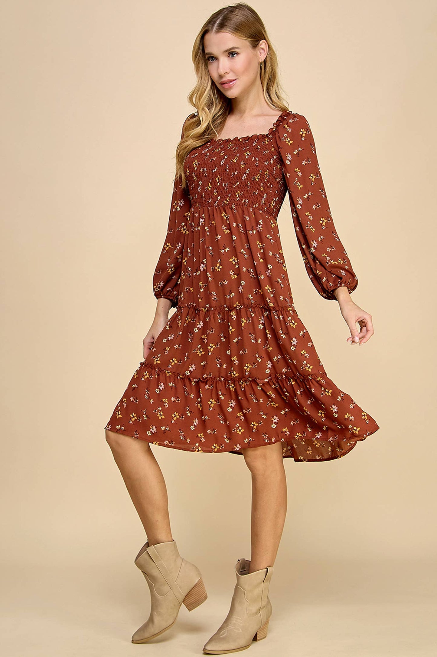 TIERED DRESS W/SMOCKING & LONG SLEEVE: RUST/GOLD/MAUVE