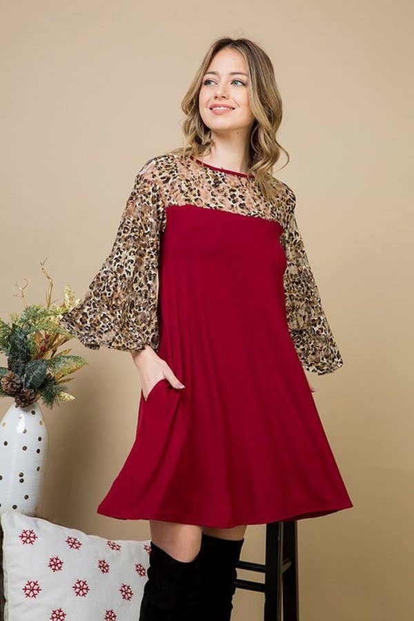 WINE A LINE DRESS WITH LEOPARD MESH SLEEVE