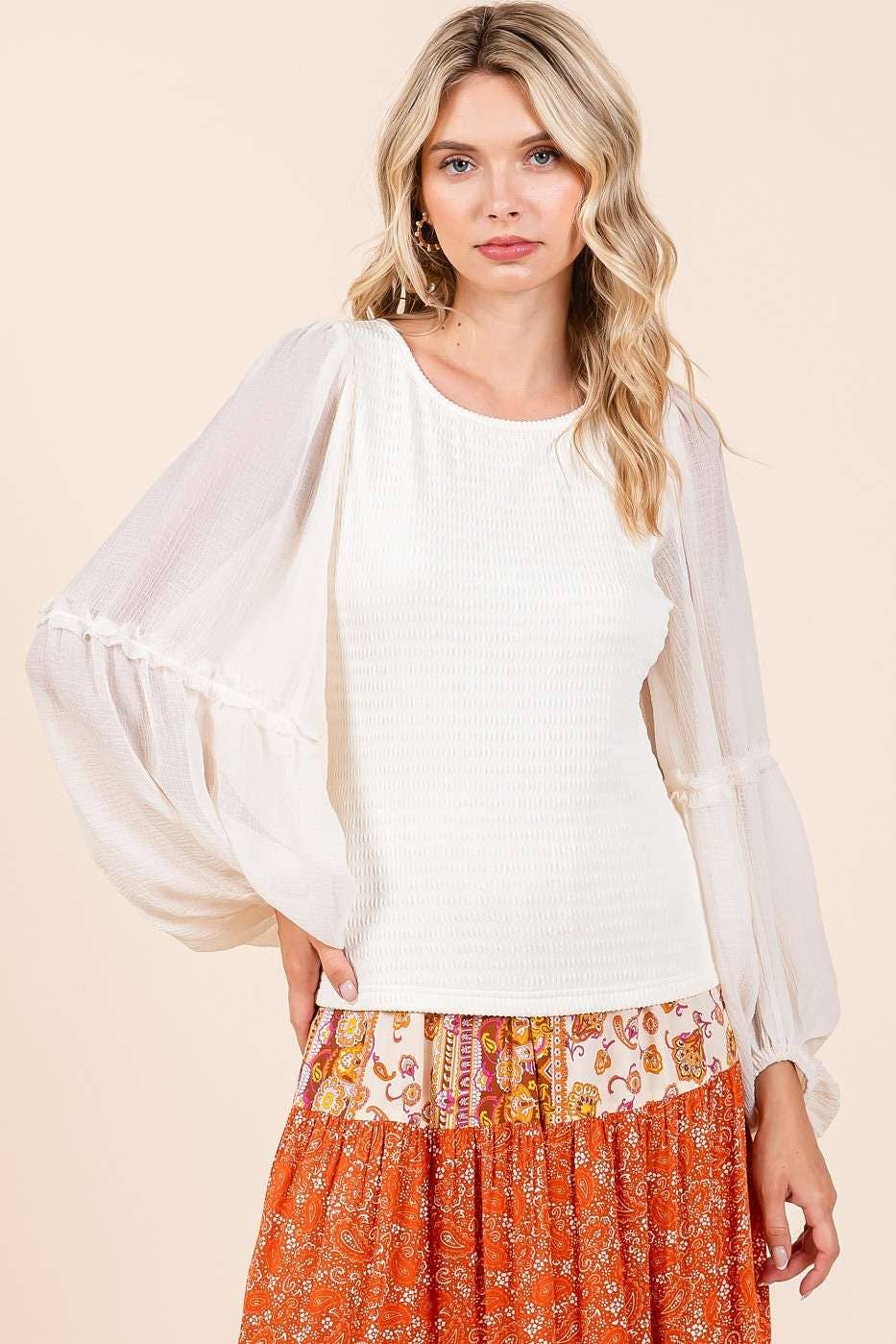 IVORY CHIFFON LONG SLEEVE BLOUSE