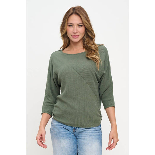 DUSTY OLIVE RIBBED BRUSHED DOLMAN TOP