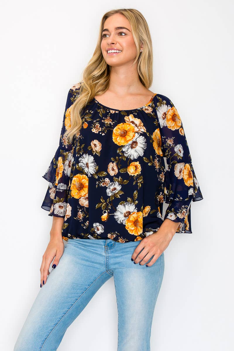 NAVY FLORAL SCOOP NECK FLOUNCE RUFFLED SLEEVE BLOUSE
