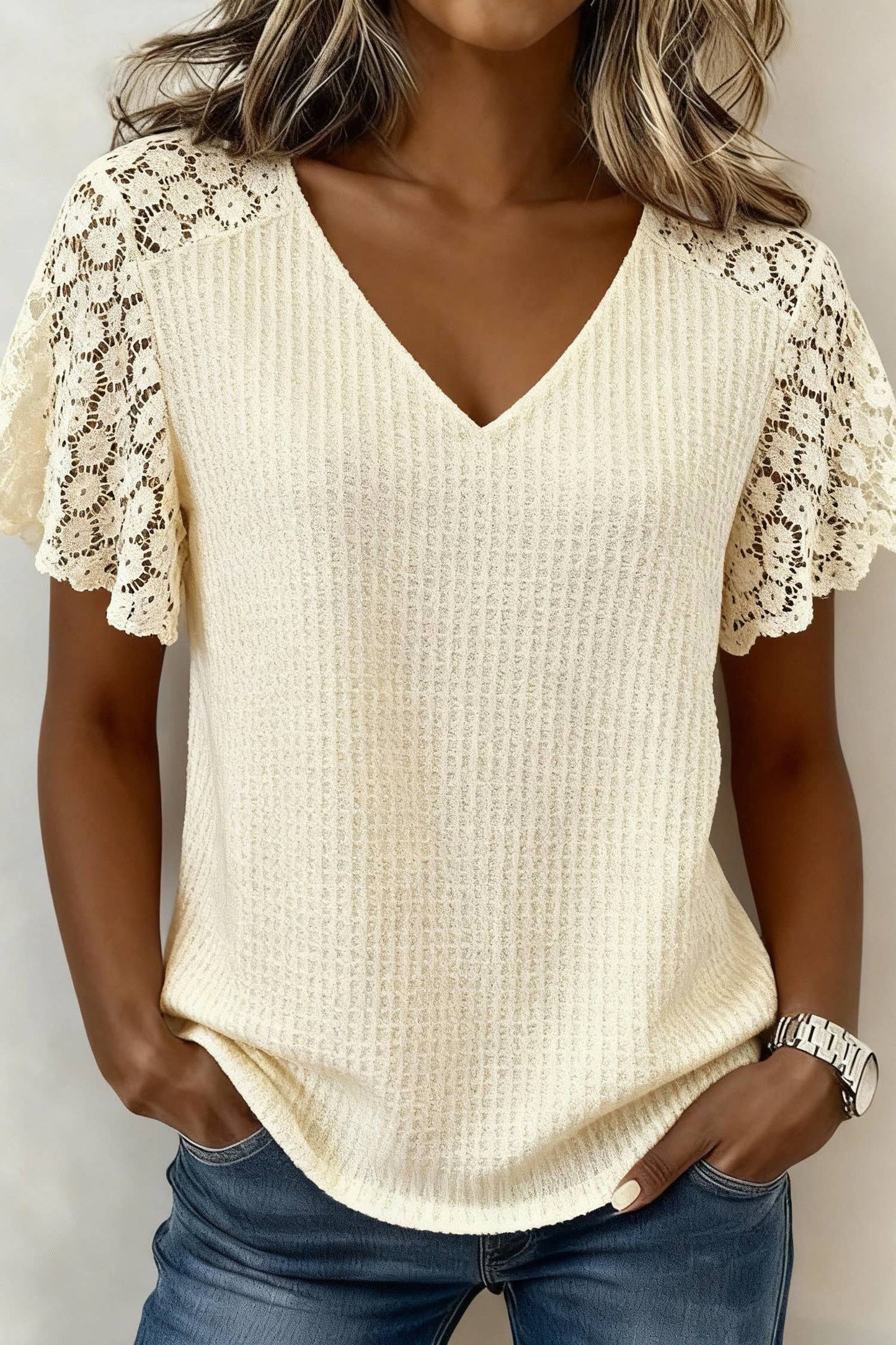 IVORY LACE & GRACE WAFFLE FLORAL LACE SLEEVE