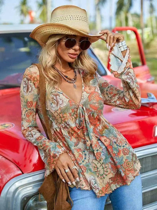 Western Printed Bell Sleeve Blouse: Orange Multi