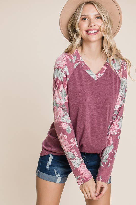 PLUS BURGANDY FLORAL LONG SLEEVE-USA MADE