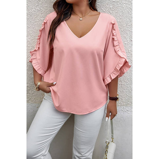 Solid Plus V Neck Ruffle Trim Petal Sleeve Blouse: PINK