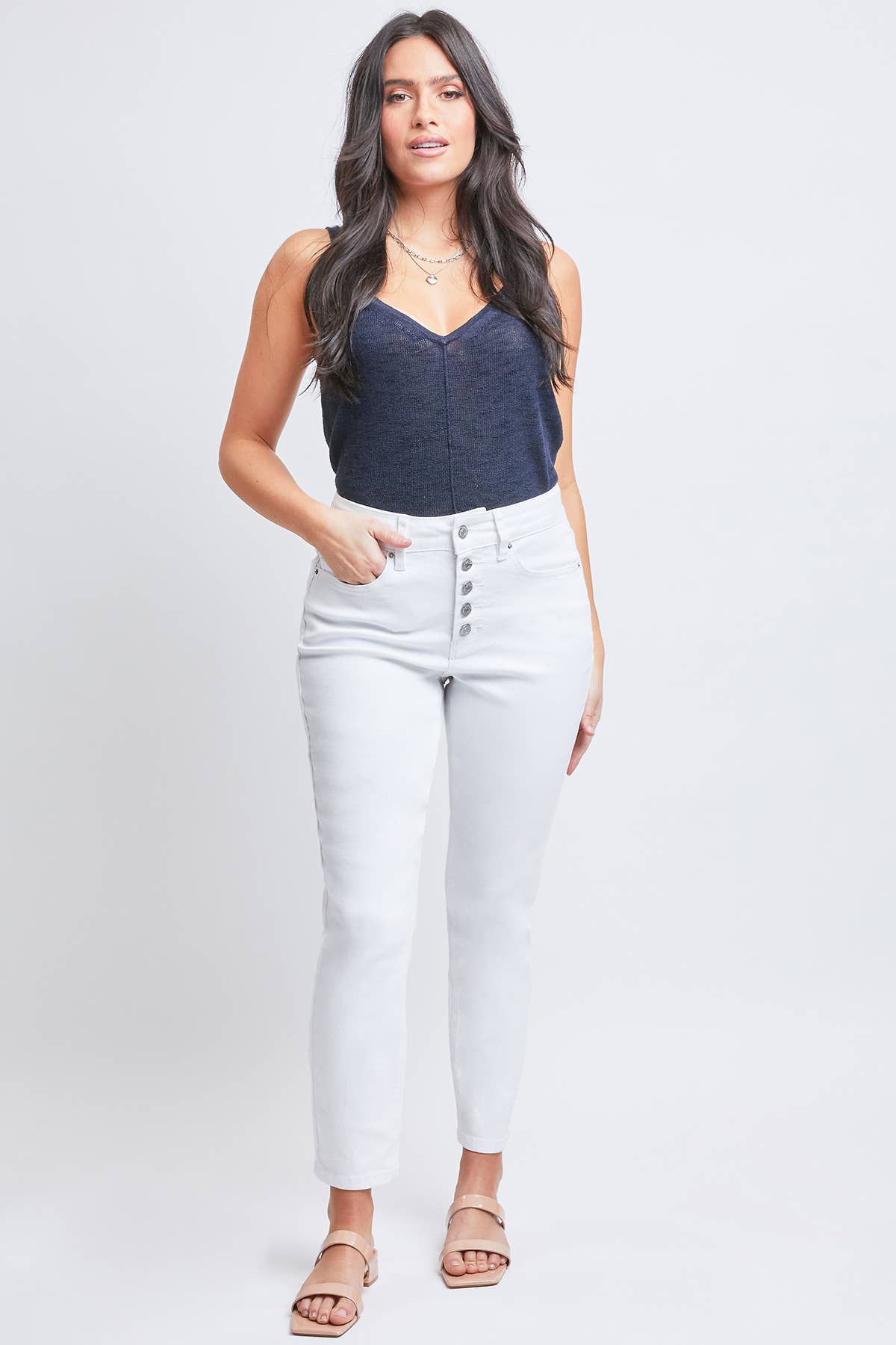 WHITE HIGH RISE BUTTON FLY TUMMY CONTROL ANKLE JEAN