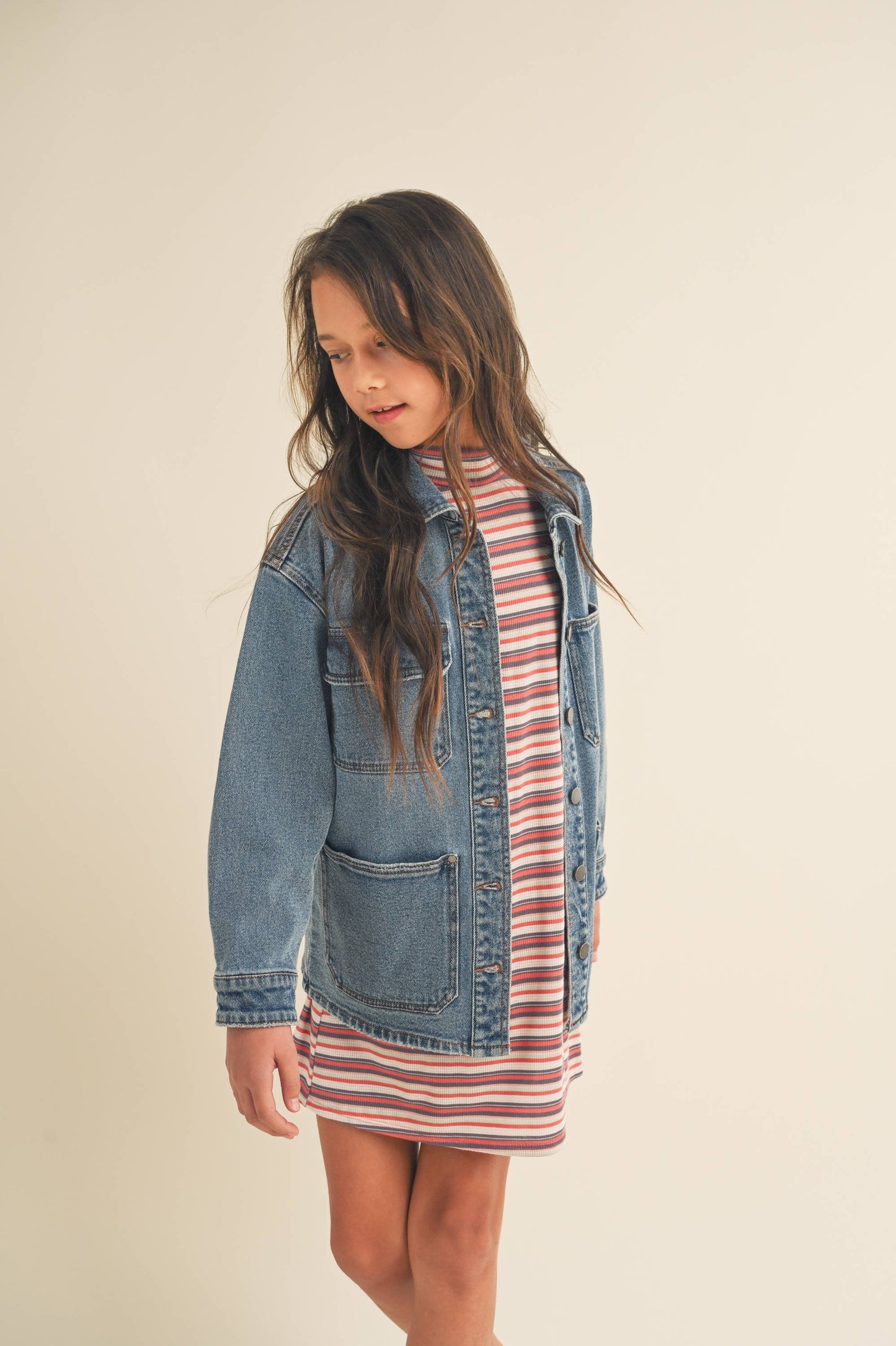 GIRLS DENIM JEANS CARGO BUTTON UP JACKET