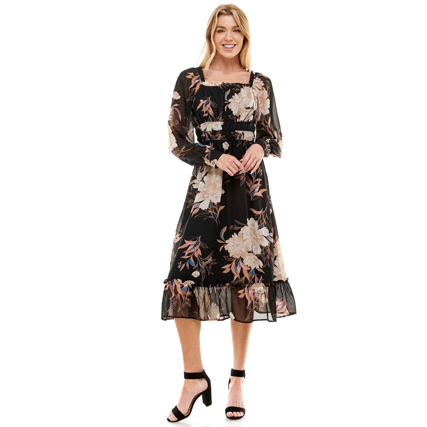SQUARE NECK LONG SLEEVE MIDI FLORAL DRESS: BLTBL