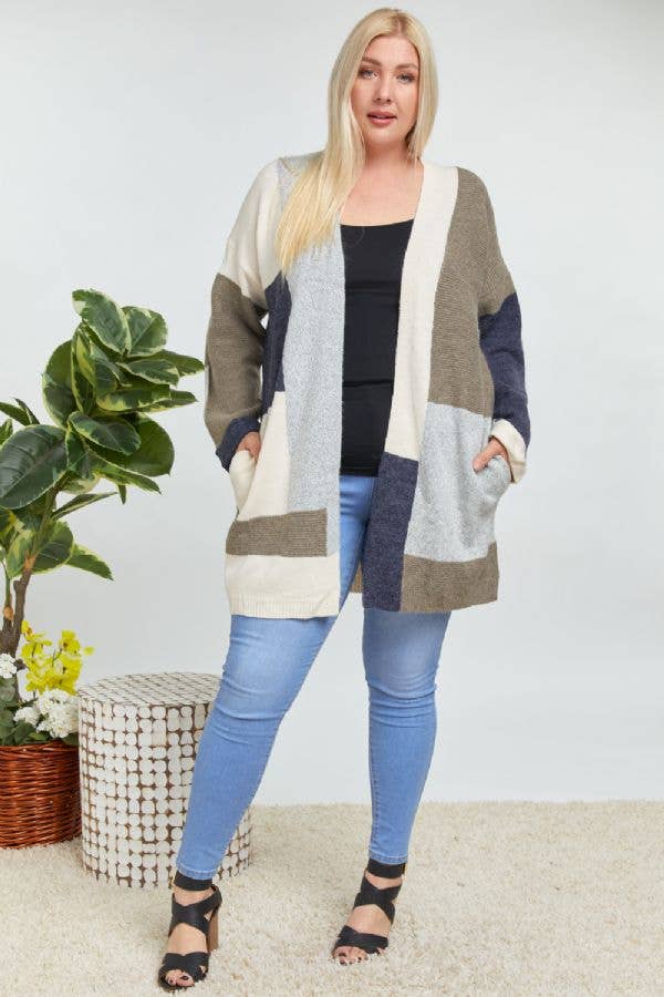 PLUS OLIVE COLORBLOCK ACCENT LONGLINE SWEATER CARDIGAN