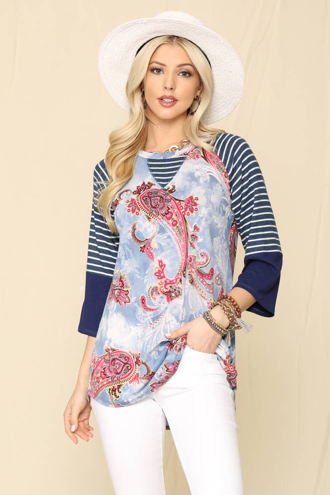 BLUE PAISLEY PRINT TOP WITH 3/4 SLEEVES -PLUS