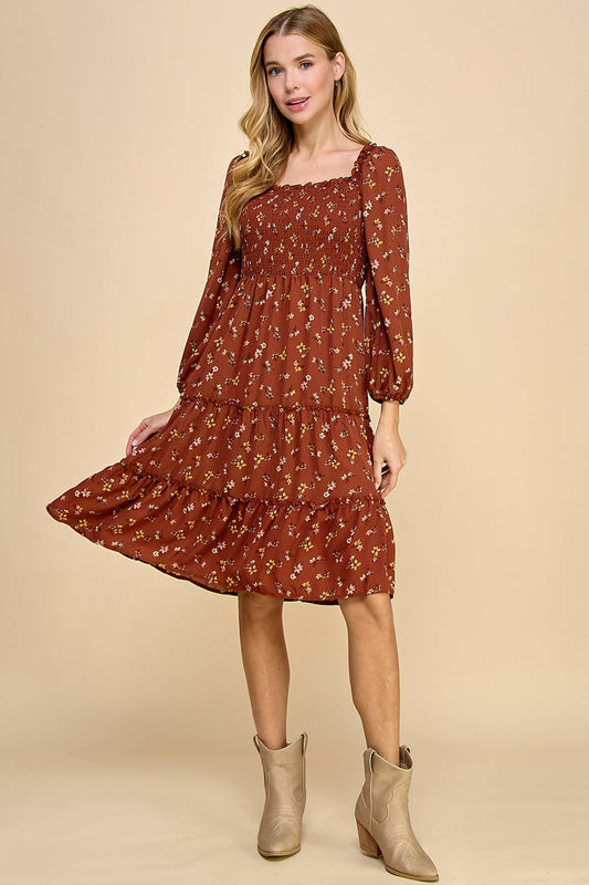 TIERED DRESS W/SMOCKING & LONG SLEEVE: RUST/GOLD/MAUVE