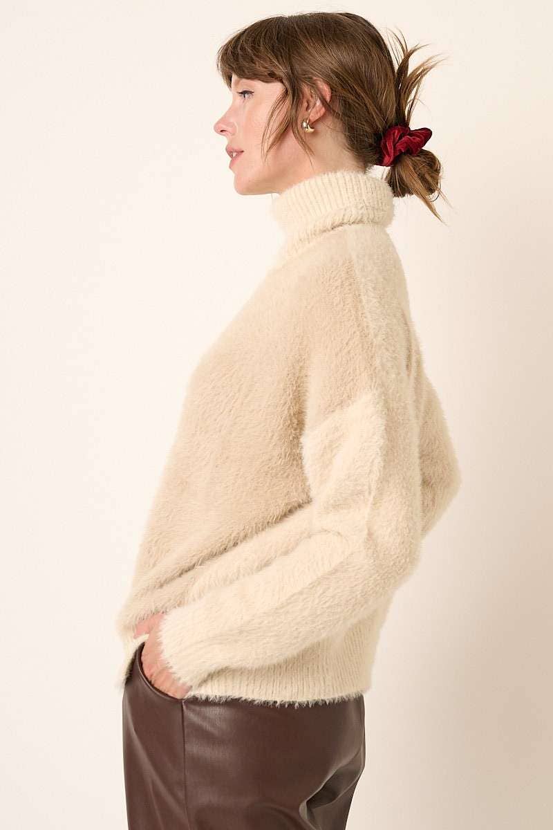 mittoshop - FUZZY TURTLENECK COLOR BLOCK SWEATER: M / TAUPE