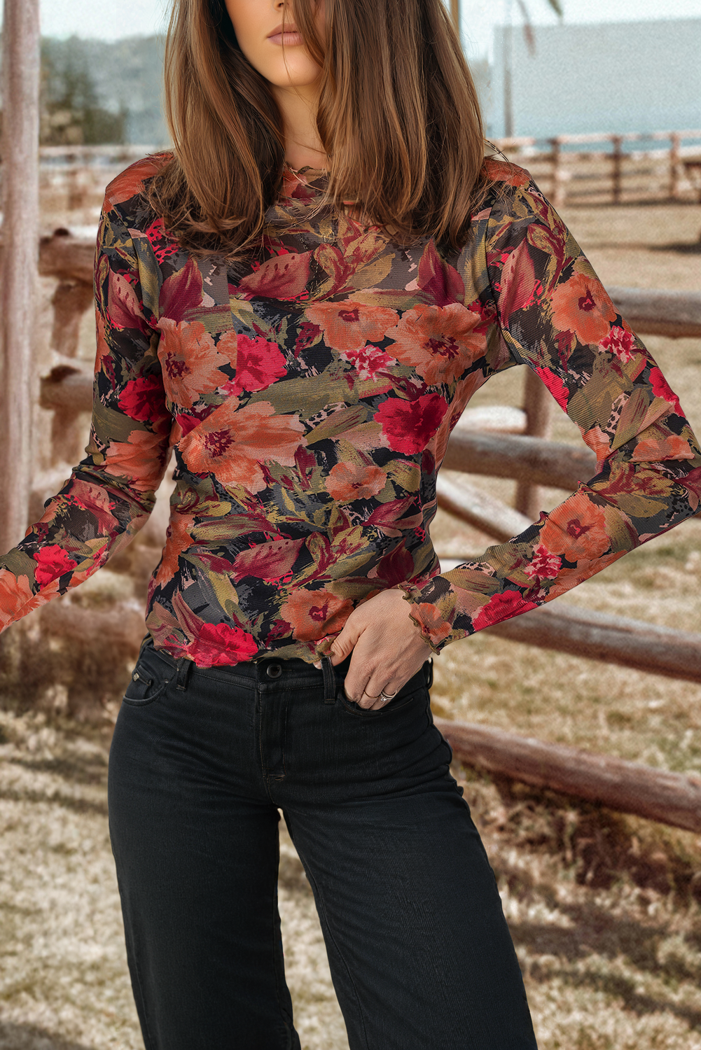 LARGE FLORAL MESH LONG SLEEVE TOP