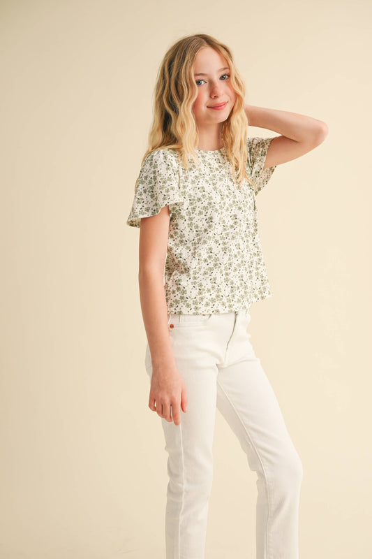 TWEEN ROUND NECK FLUTTER SLV BOXY CROPPED TOP (7-14)