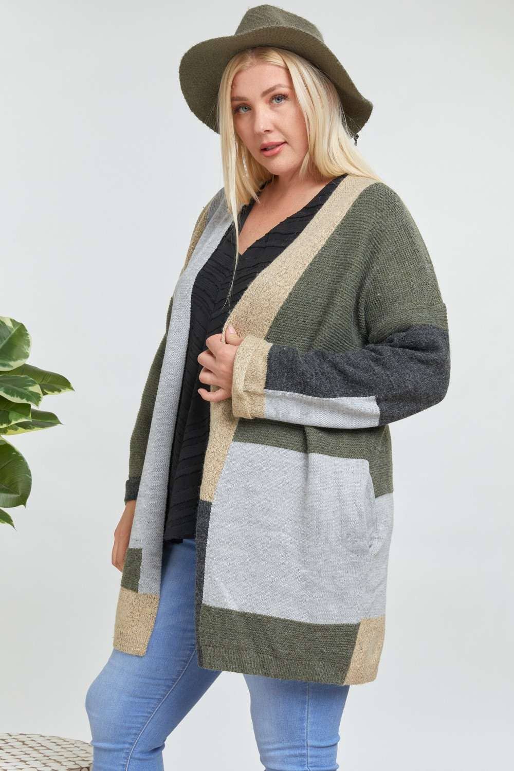 PLUS OLIVE COLORBLOCK ACCENT LONGLINE SWEATER CARDIGAN