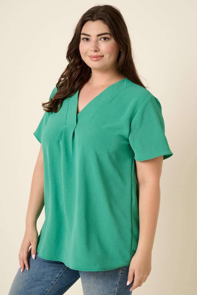 PLUS PARIS GREEN V NECK SHORT SLEEVE BLOUSE