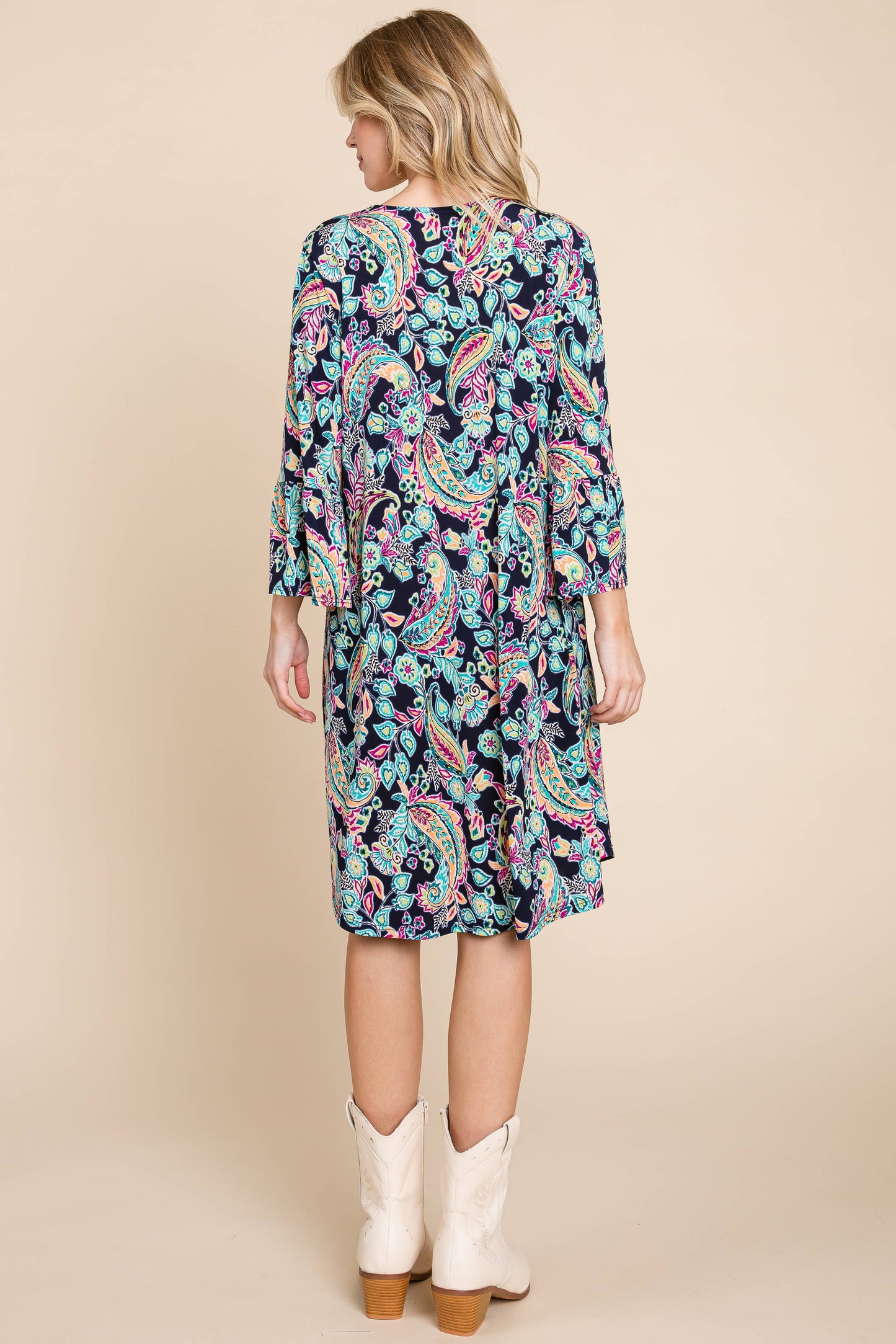 NAVY PAISLEY BELL SLEEVE DRESS