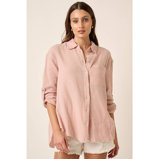 GAUZE COLLARED BUTTON DOWN LONG SLEEVE SHIRT: BLUSH