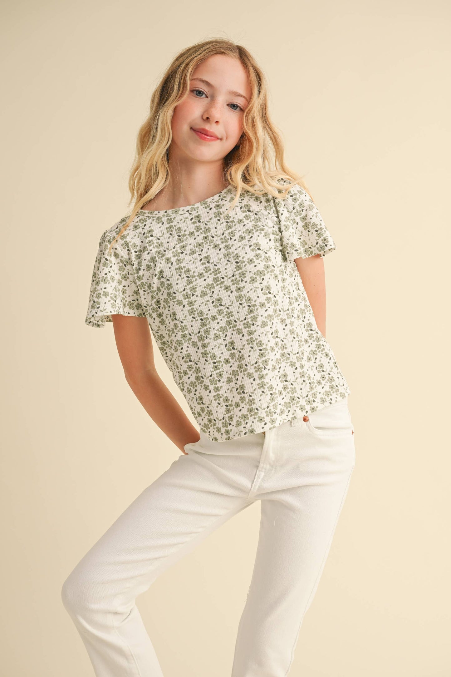 TWEEN ROUND NECK FLUTTER SLV BOXY CROPPED TOP (7-14)
