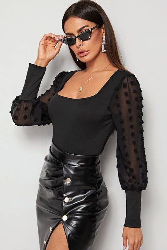Swiss dot long sleeve bodysuit: Black