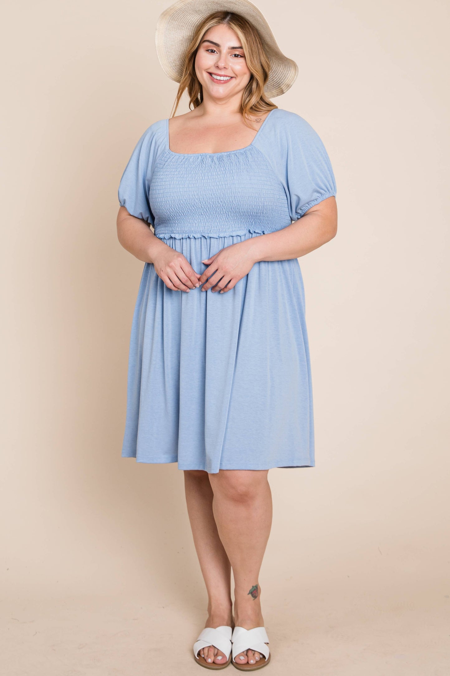 Plus Blue Smocked Babydoll Dress