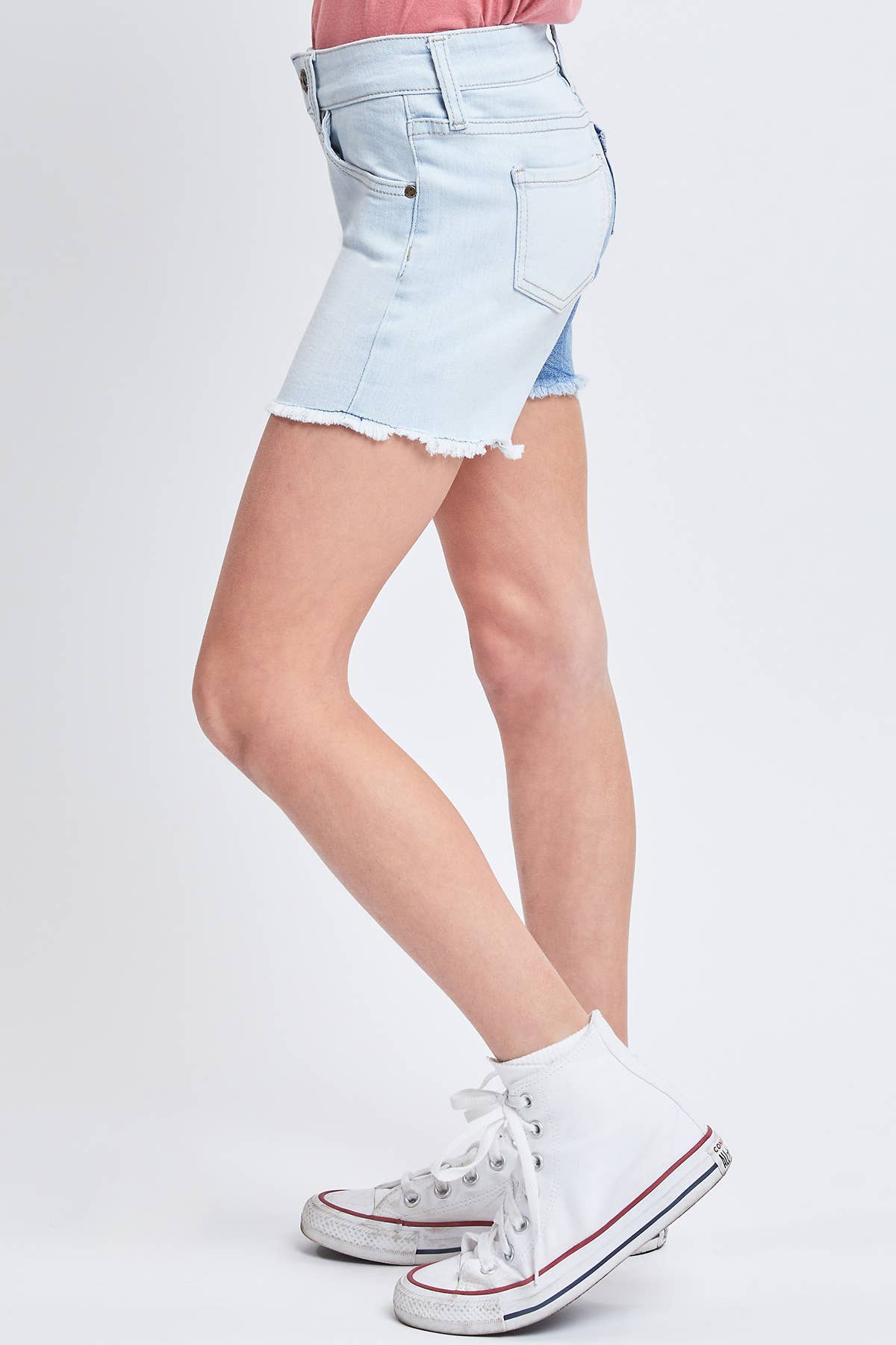 Girls Mid Rise Color Block Shorts With Fray Hem