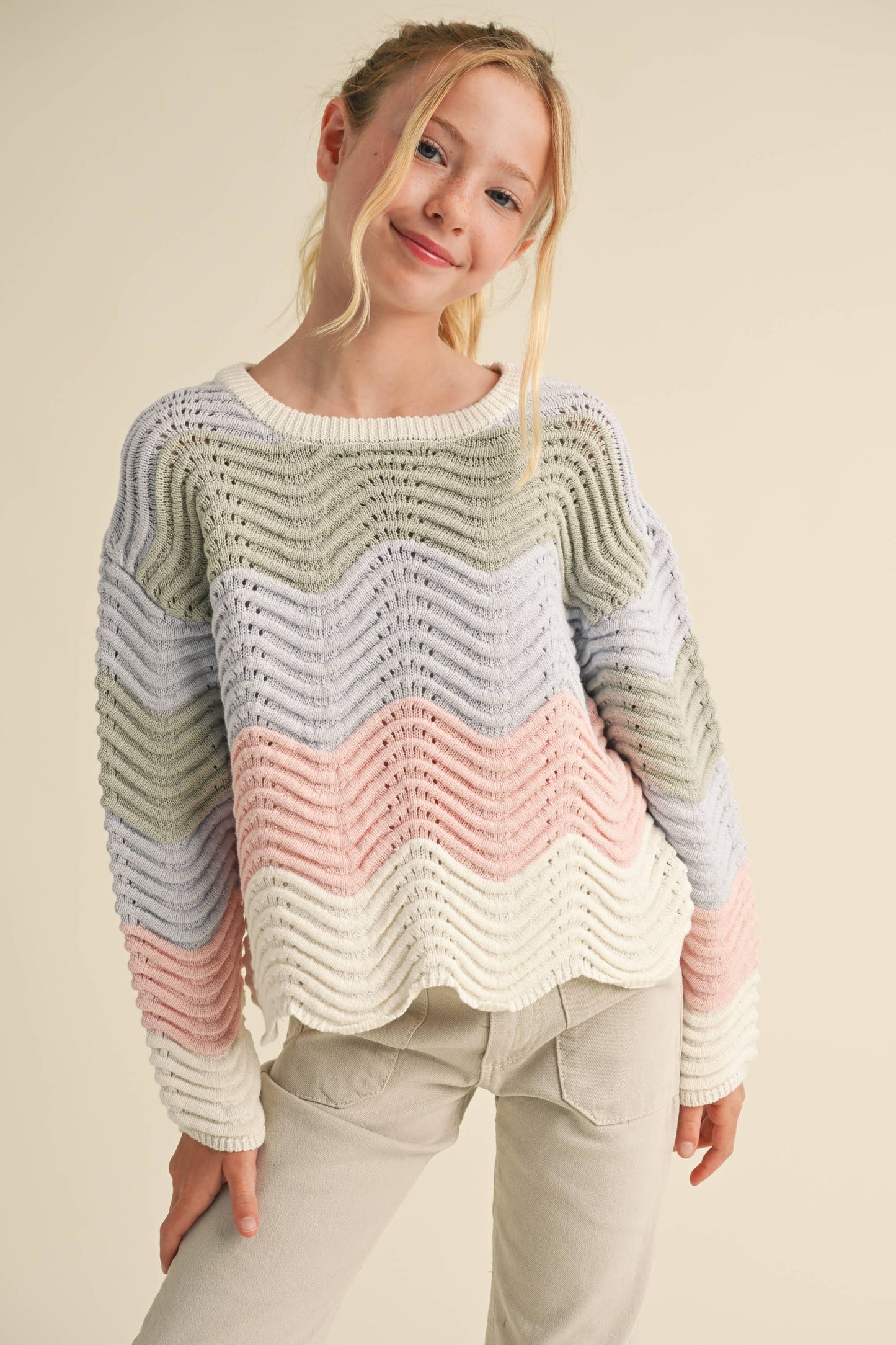 TWEEN WAVY RIB KNIT 100% COTTON SWEATER