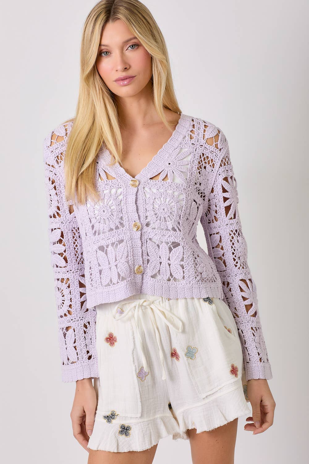 Crochet Button Up Cardigan: Lavender