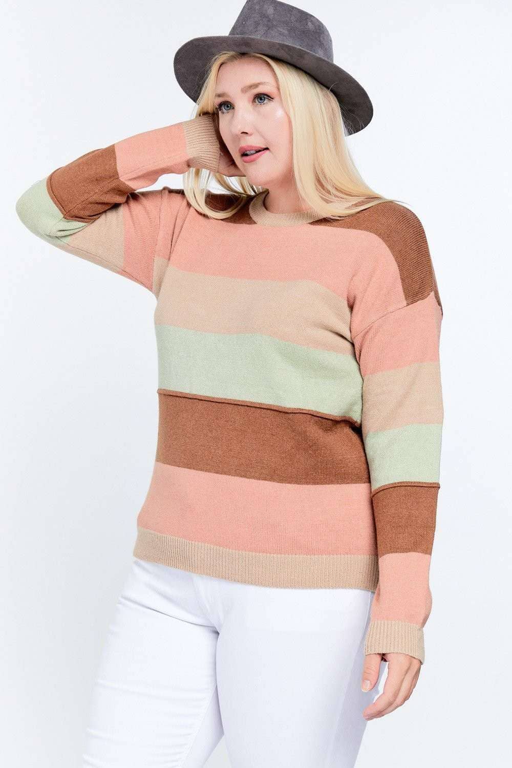 PLUS COLOR BLOCK LONG SLEEVE ROUND NECK SWEATER