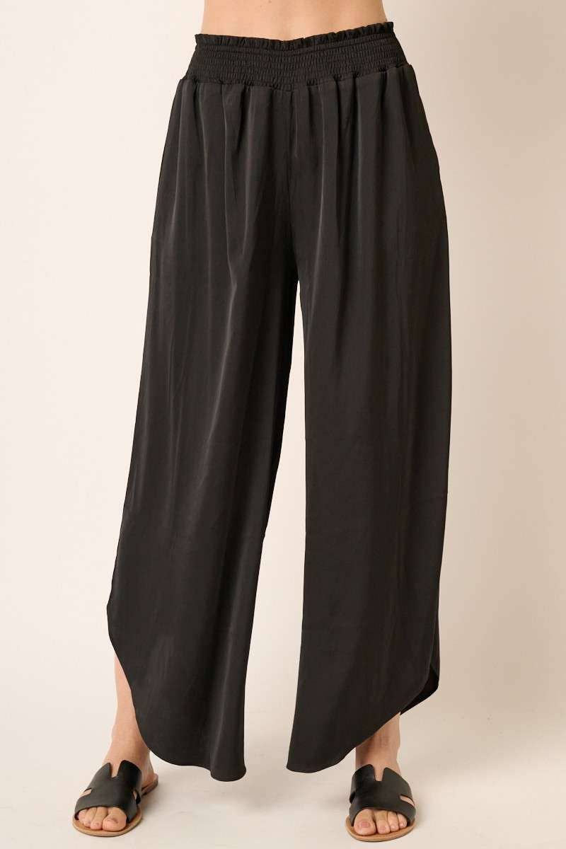 BLACK SATIN SMOCKED WAIST WIDE LEG