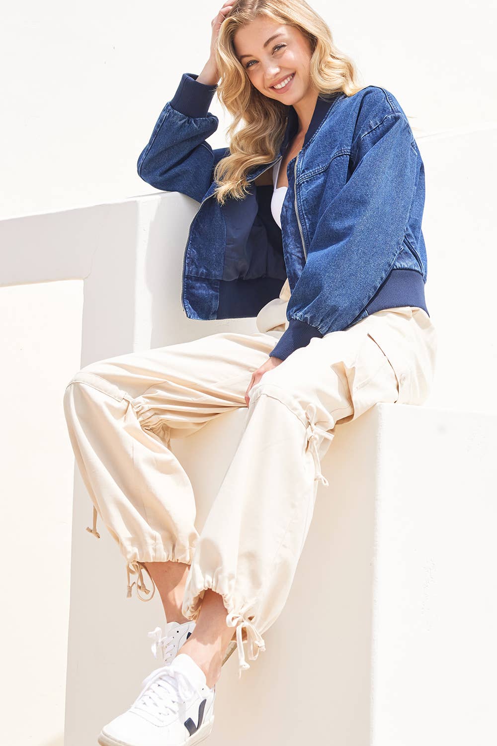ECRU HIGH-RISE DRAWSTRING CARGO WIDE LEG PANTS