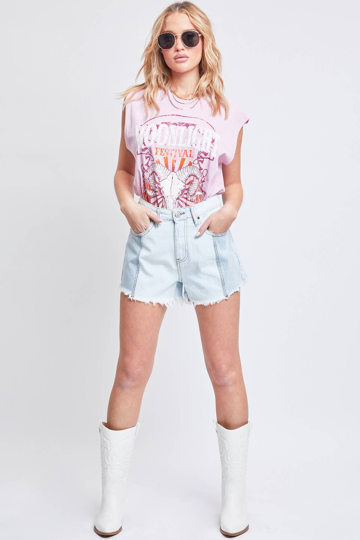 YMI Junior High-Rise Colorblock Denim Short