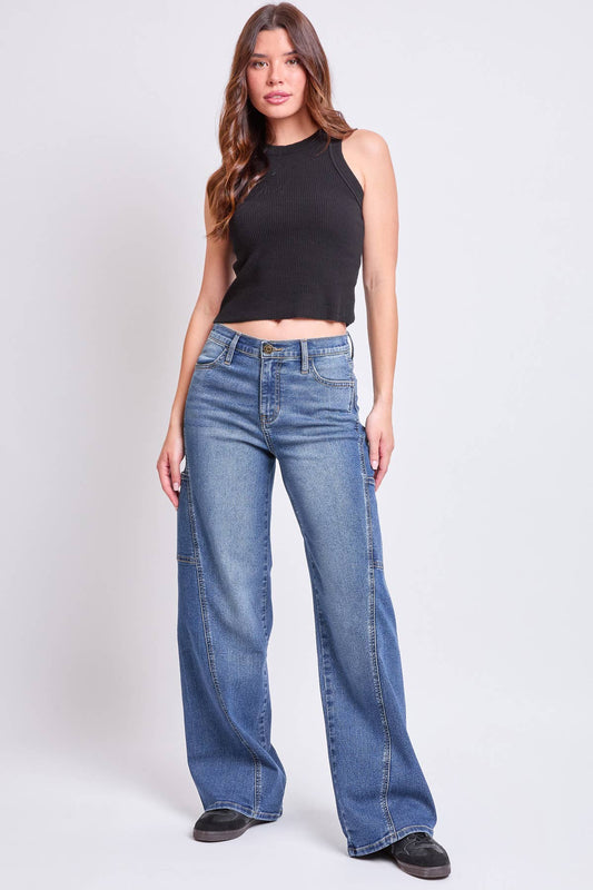 Junior High Rise Seam Front Cargo Wide Leg: Medium Wash