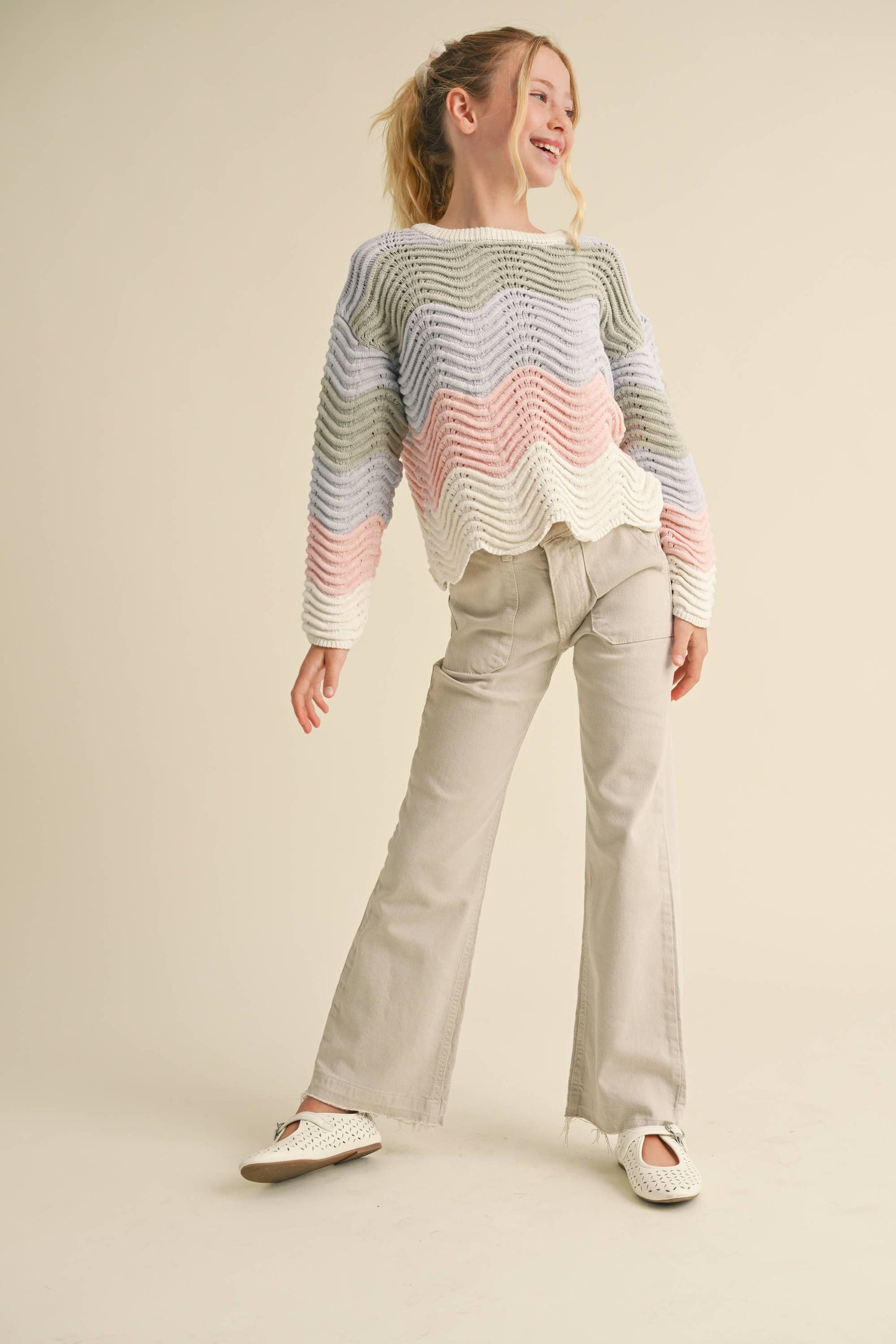 TWEEN WAVY RIB KNIT 100% COTTON SWEATER