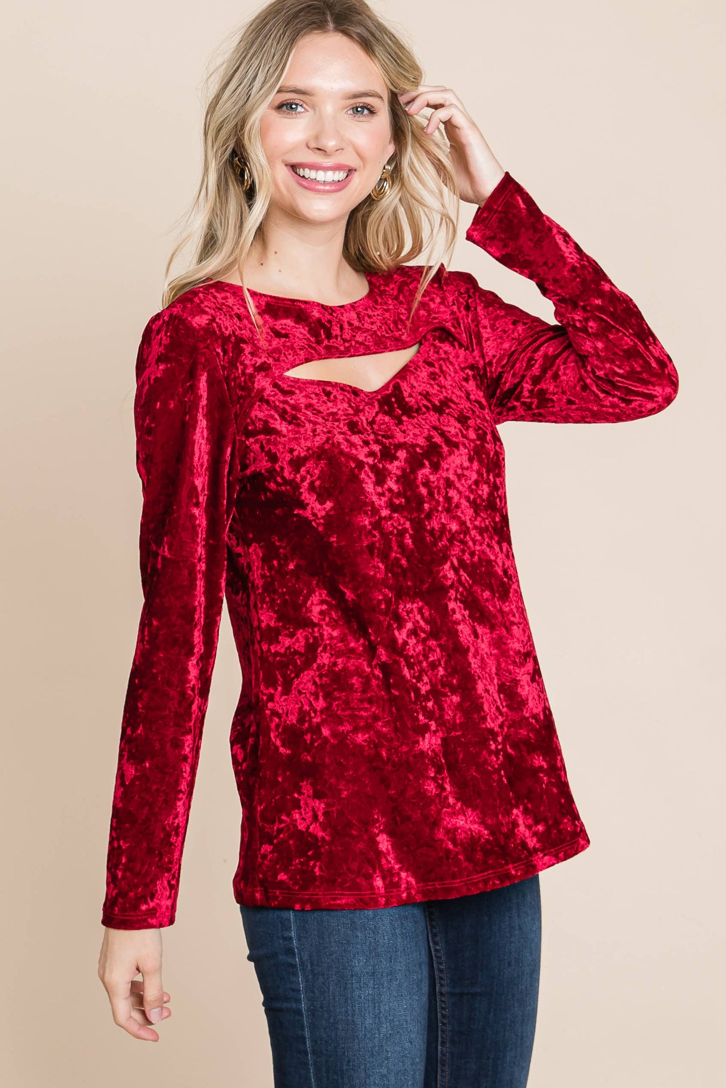 Plus Velvet Cut Out Fashion Top Red