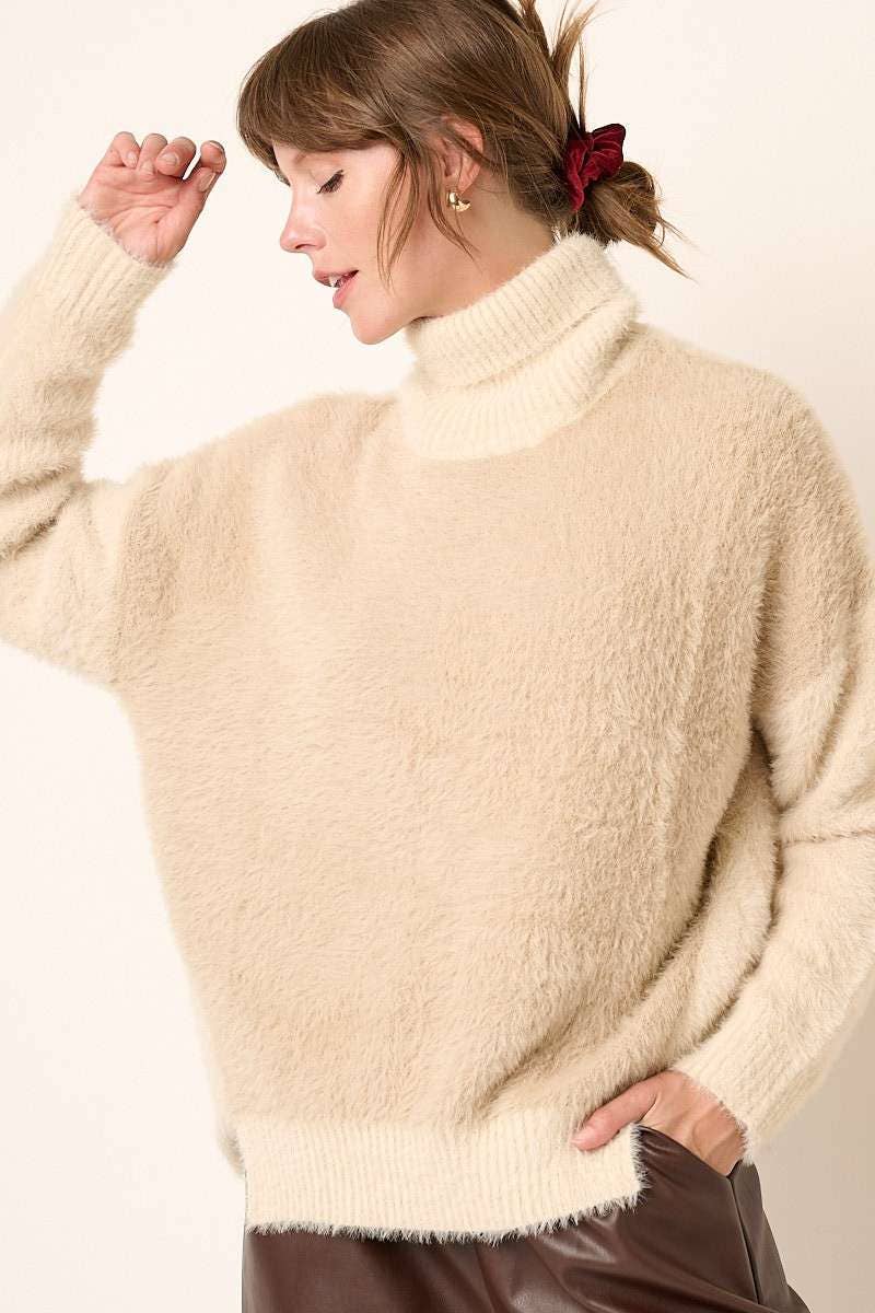 mittoshop - FUZZY TURTLENECK COLOR BLOCK SWEATER: M / TAUPE