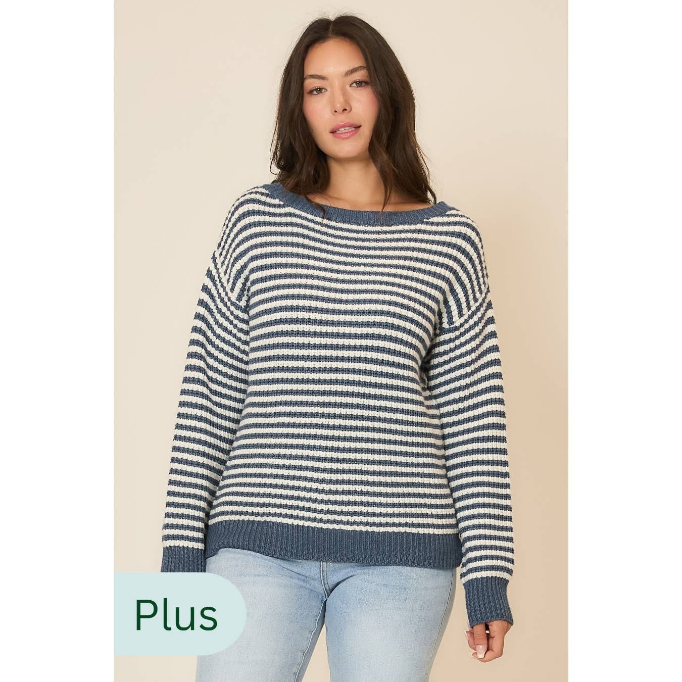 PLUS 2X/3X DENIM/IVORY STRIPED KNIT SWEATER