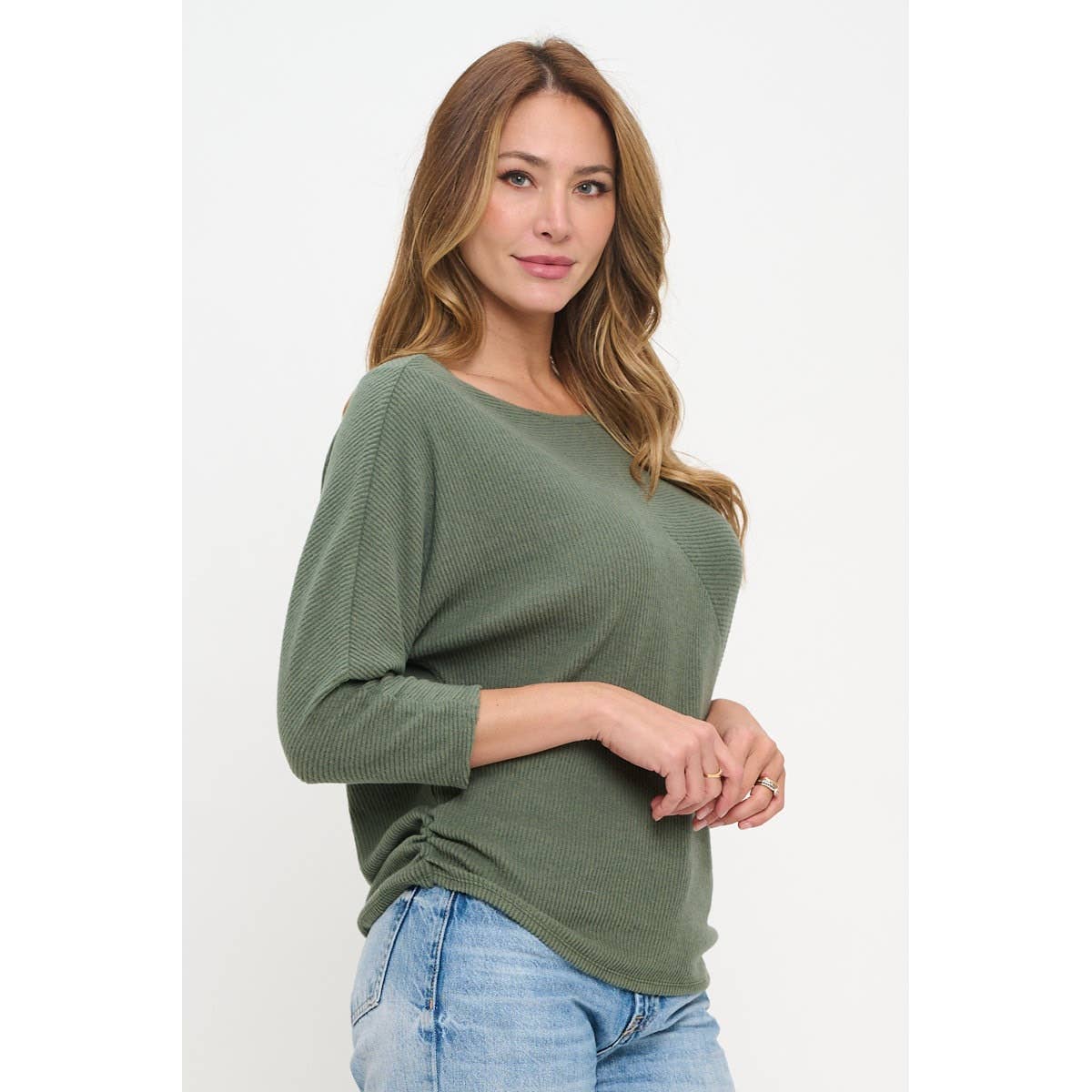 DUSTY OLIVE RIBBED BRUSHED DOLMAN TOP