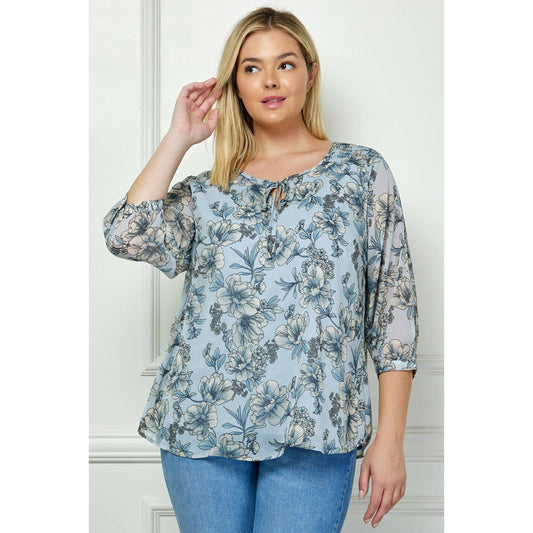 PLUS SIZE CUFF SLEEVE FLORAL BLOUSE: Blue/Black/Cream