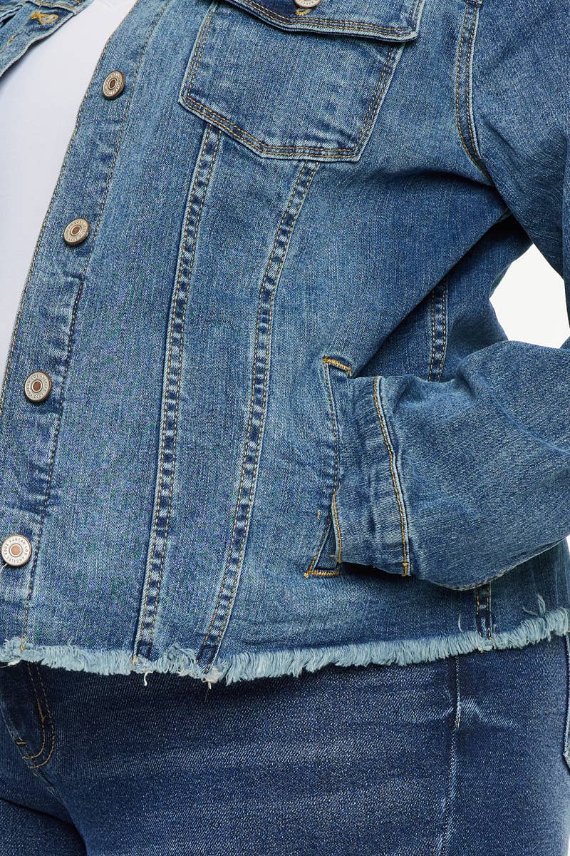 PLUS DARK RINSE DISTRESSED DENIM FRAY HEM JACKET