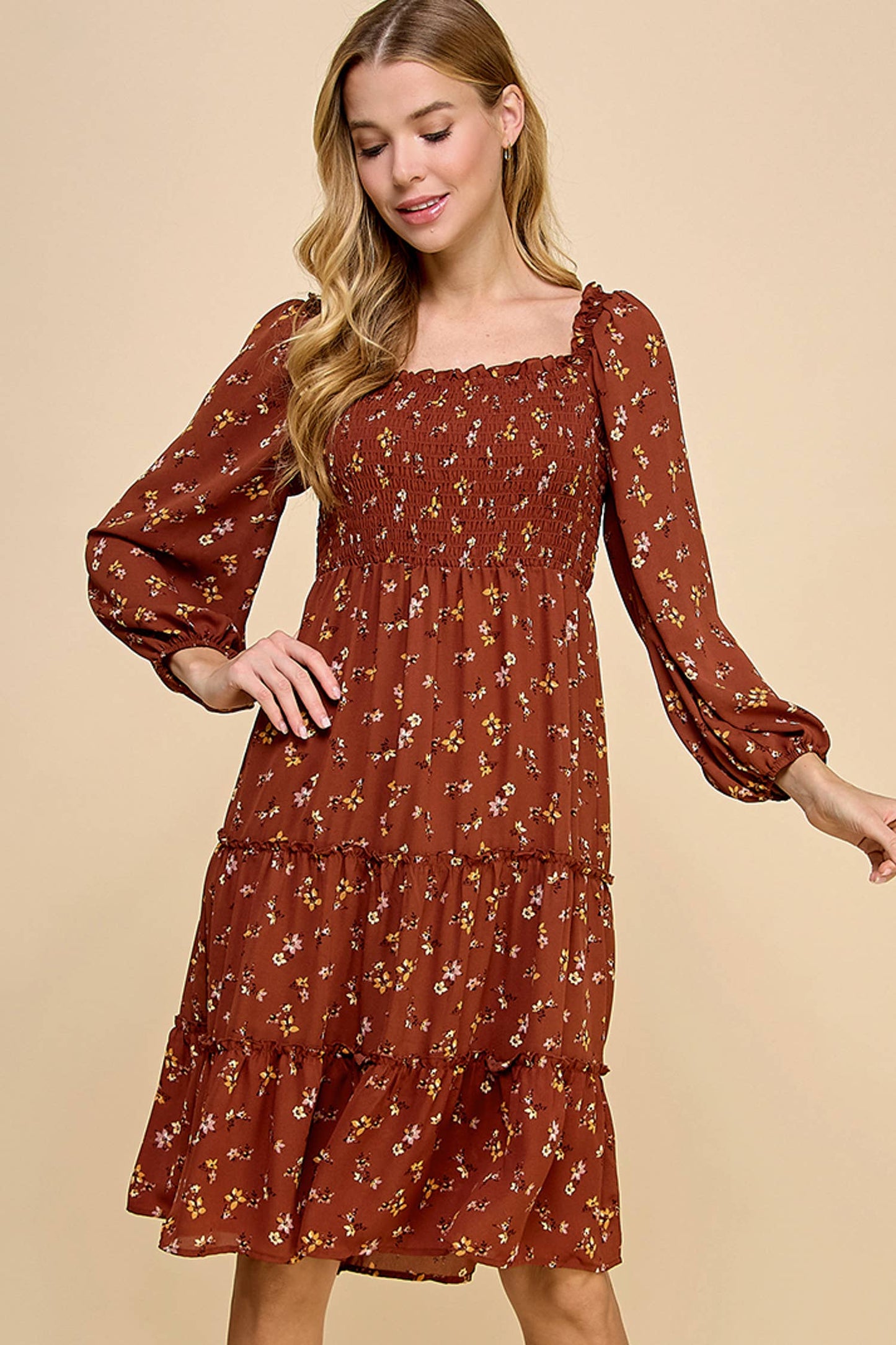 TIERED DRESS W/SMOCKING & LONG SLEEVE: RUST/GOLD/MAUVE