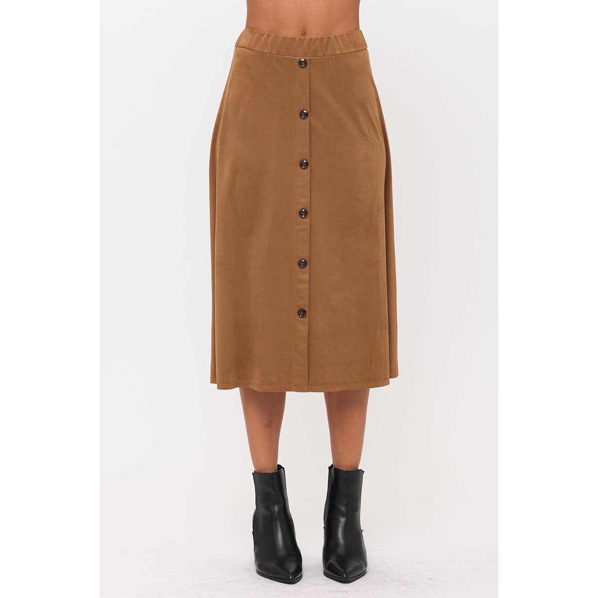 COGNAC ELASTIC WAIST ALINE BUTTON DOWN FAUX SUEDE SKIRT