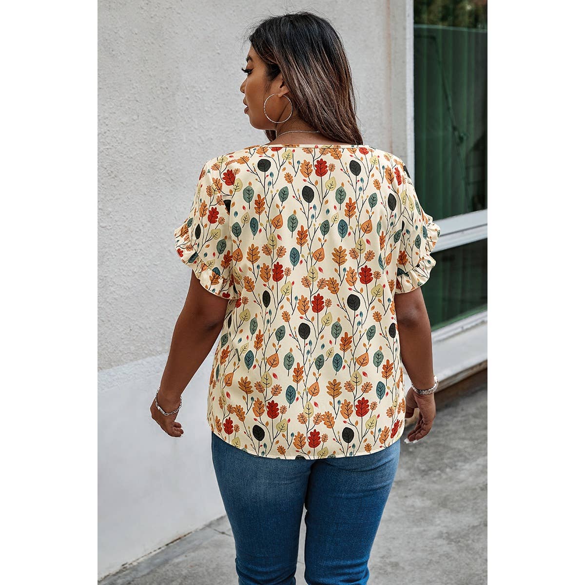 Plus Round Neck Floral Flounce Sleeve Loose Shirt: MULTI