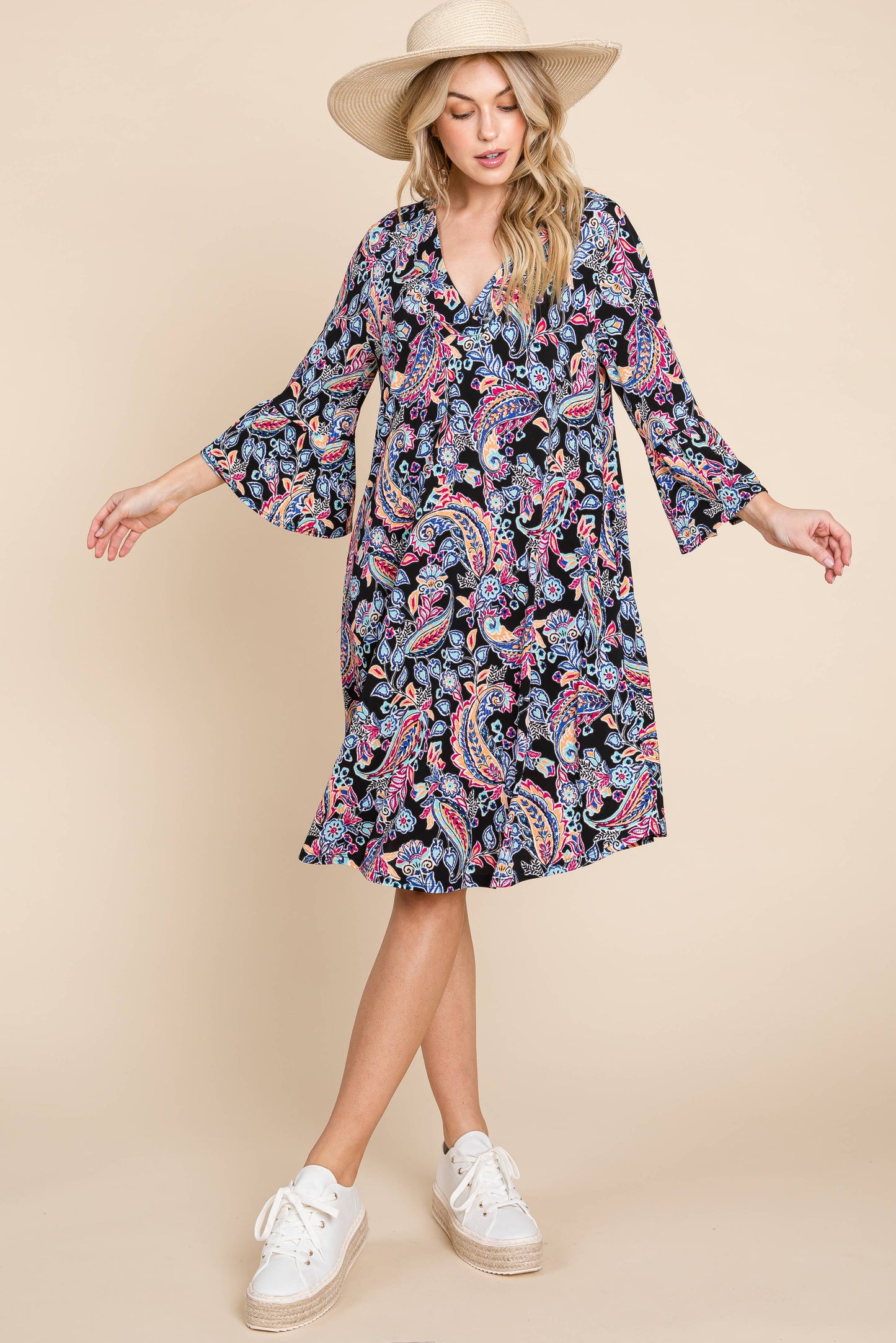 NAVY PAISLEY BELL SLEEVE DRESS