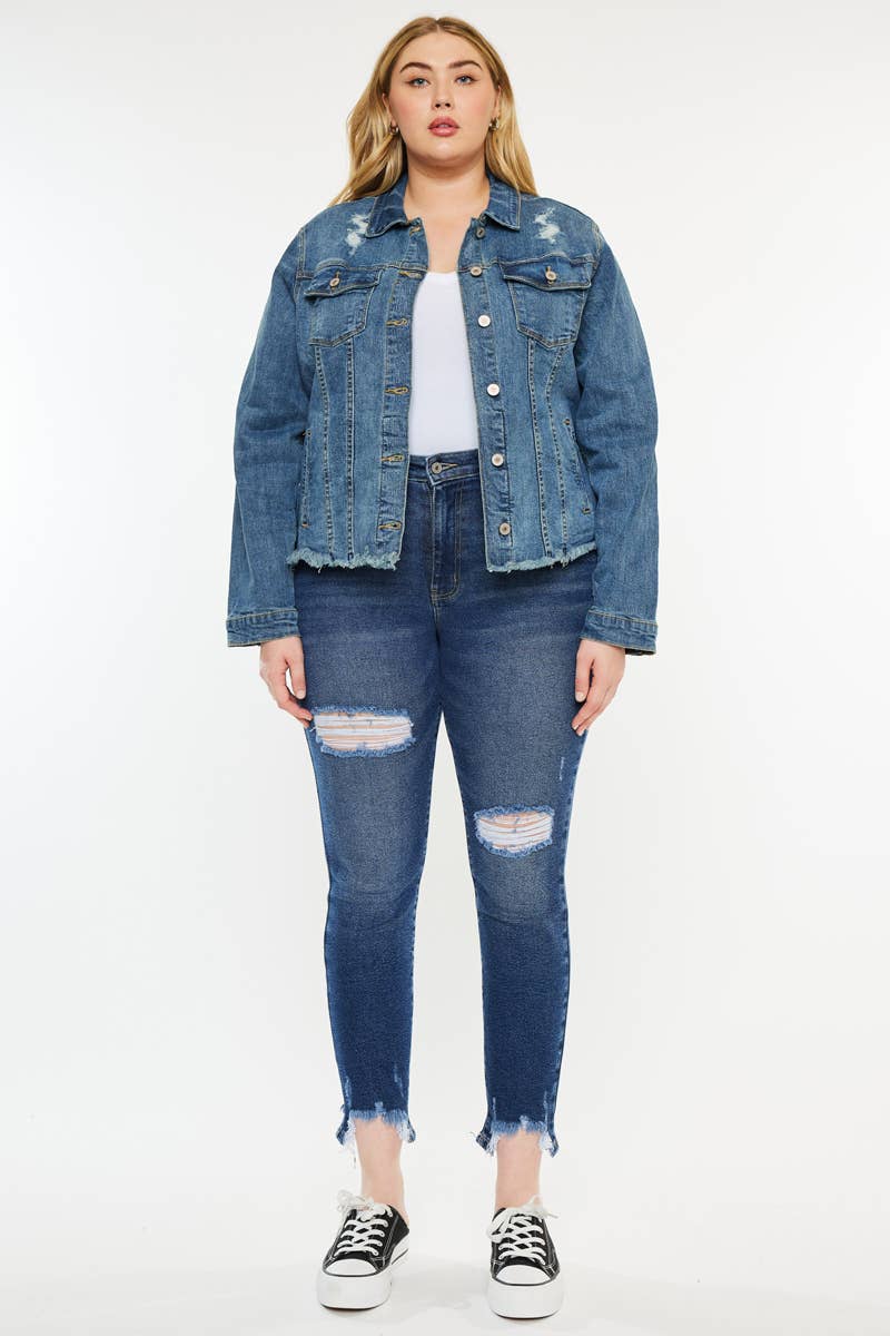 PLUS DARK RINSE DISTRESSED DENIM FRAY HEM JACKET